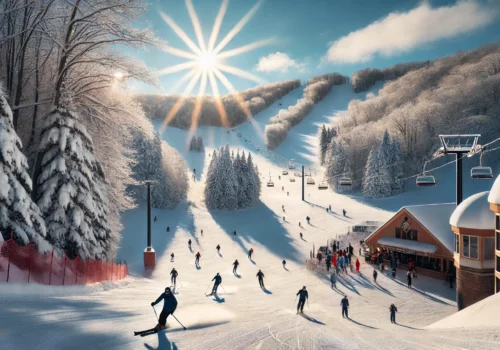 Skiers enjoying skiing on the slopes of a resort in an Alpine valley in winter with snow covered trees and a clear blue sky in the background