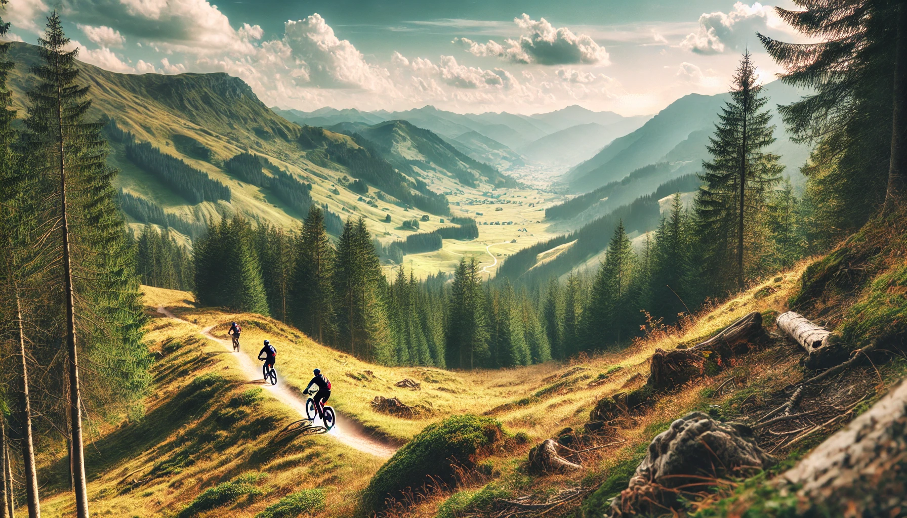 Mountain biker riding on a trail surrounded by the natural beauty of an Alpine valley with lush trees and rolling hills in the background