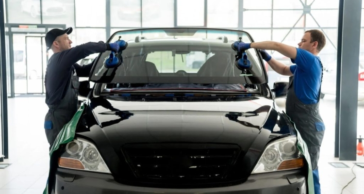 men replacing a car windshield