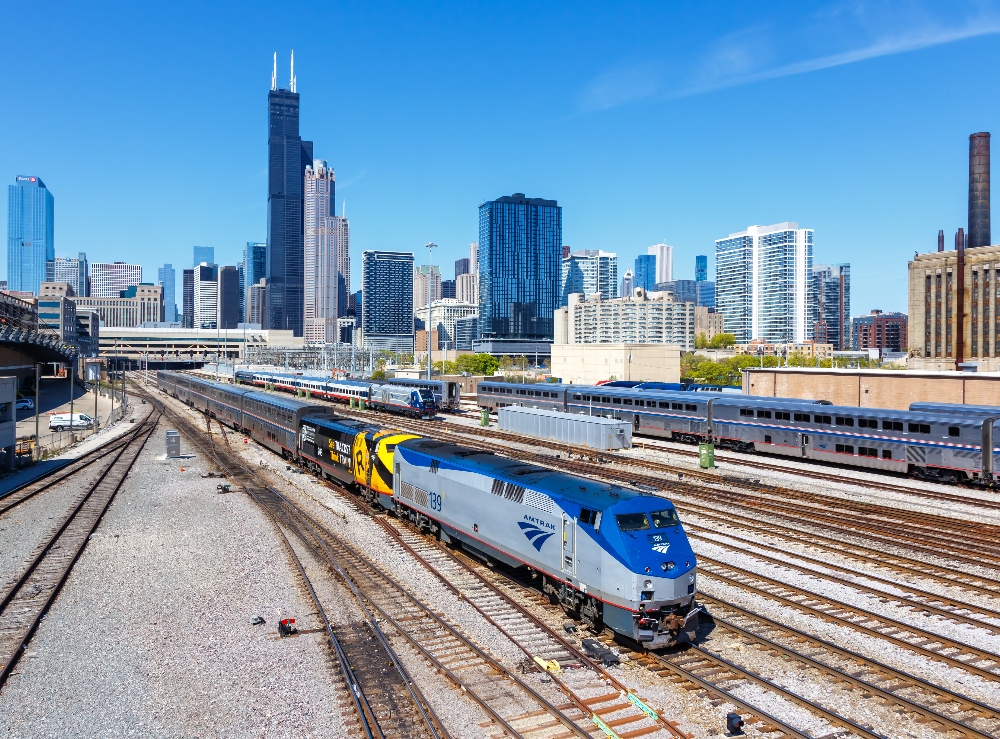 Amtrak trains in downtown Chicago. September 25, 2024