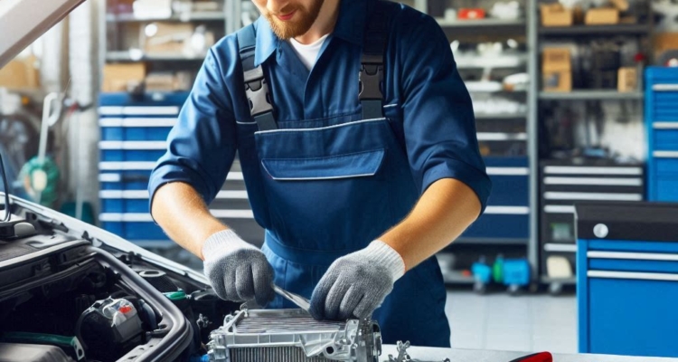 Technician working in a car ac system