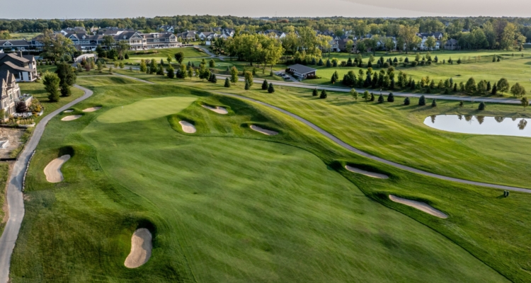 A drone shot of a golf course.