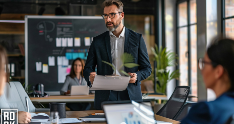 man delivering a presentation in front of colleagues to ensure event success