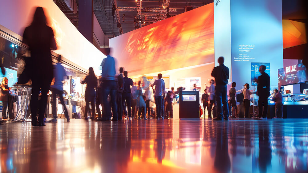 attendees in colorfully lit venue