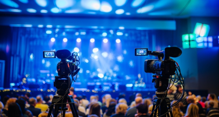 Two professional video cameras on tripods recording a concert with an audience in the foreground