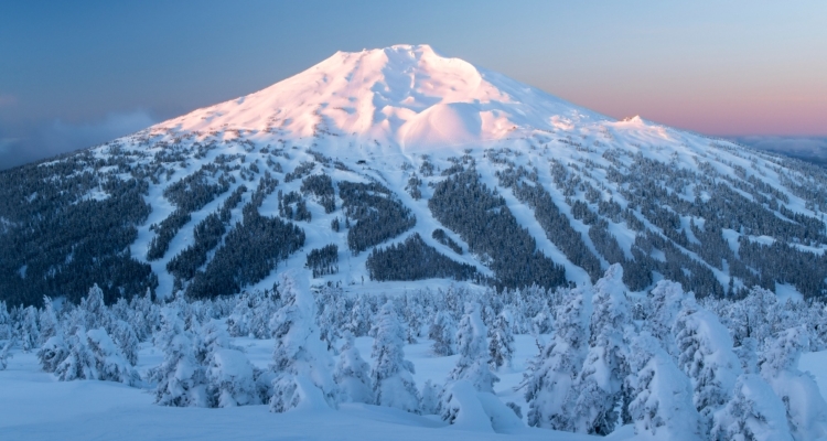 Mount Bachelor and its ski runs at sunrise. January 17, 2025