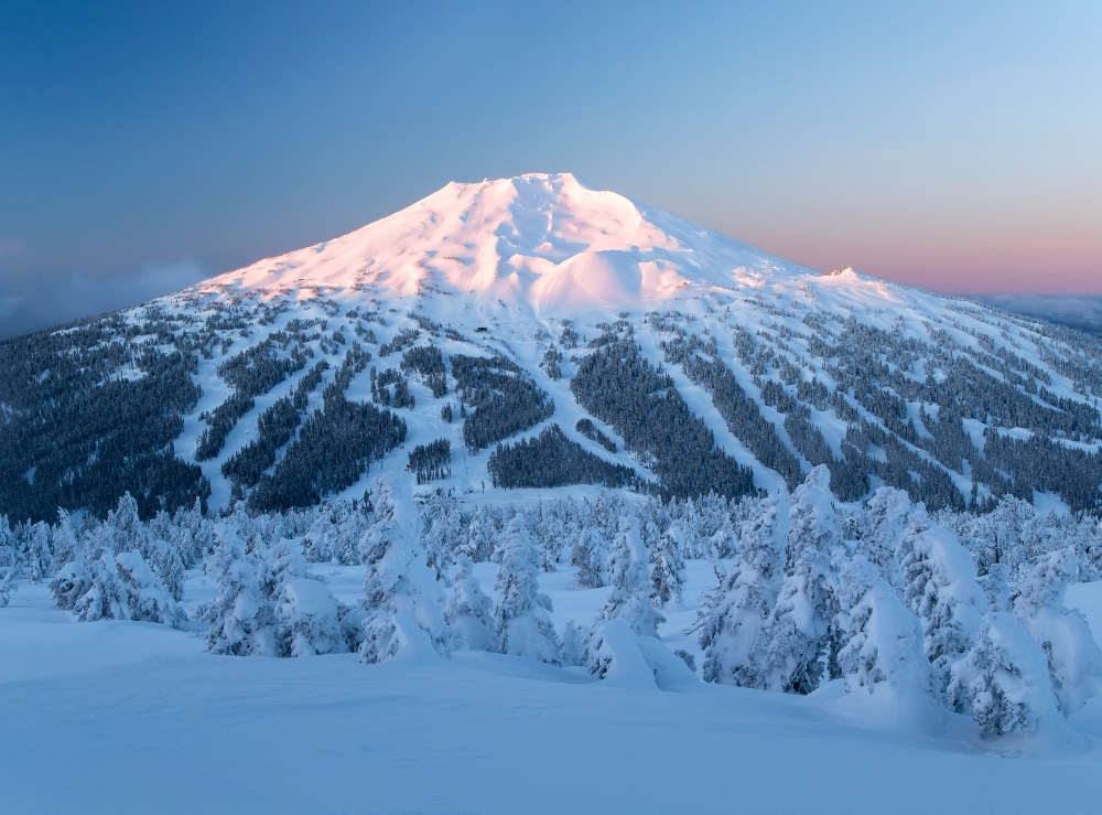 Mount Bachelor and its ski runs at sunrise. January 17, 2025