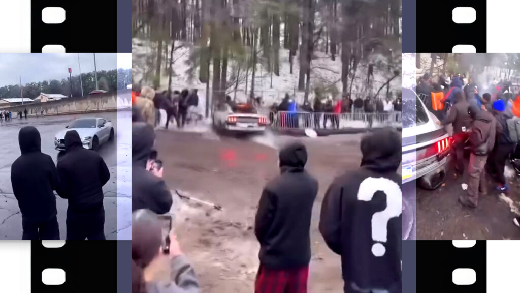  Ford Mustang crashes into crowd after failed drift on icy field