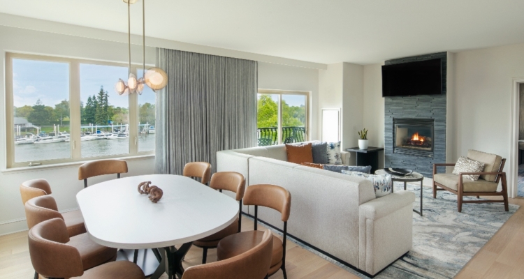 Presidential Suite living room and dining area with view of Sacramento River. January 14, 2025