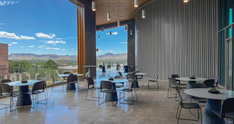 Patio gathering space overlooking the desert in the Cultural Event Center at the Museum of the Big Bend in Alpine